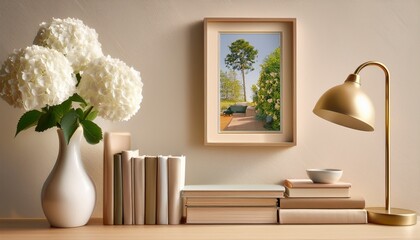 minimalist beige bookshelf with books white hydrangeas lamp and framed art zoom virtual background virtual meeting cozy interior backdrop stylish living room design contemporary spaces