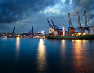 Obraz premium bosphorus harbor with cargo ship and cranes during cloudy weather at dusk