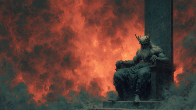 The Slavic god Chernobog, the "Black God" of misfortune, sitting on a throne in a fiery, dark fantasy setting.