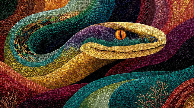 The Aboriginal Rainbow Serpent, a colossal iridescent creator being, in a dreamtime aesthetic.
