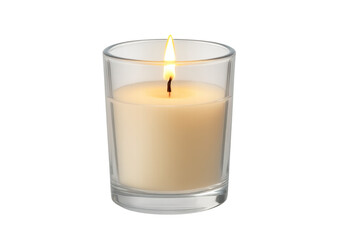 Burning white candle in glass jar on transparent background