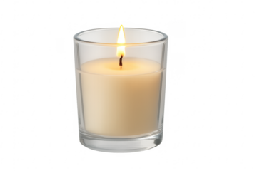 Burning white candle in glass jar on transparent background