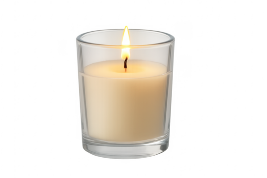 Burning white candle in glass jar on transparent background