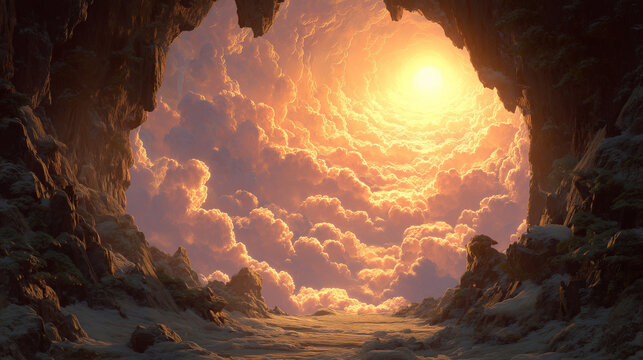 The sun goddess Amaterasu bringing light back to the world, emerging from a dark cave into a sky of clouds.