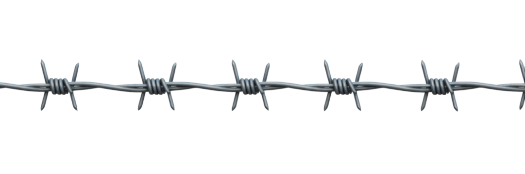 Sharp barbed wire strand against transparent background, symbolizing restriction and security concerns