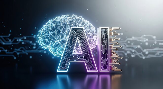 Artificial Intelligence Concept with Digital Brain and Glowing AI Text Futuristic illustration of artificial intelligence concept showing a glowing AI text beside a digital brain with neon light effec