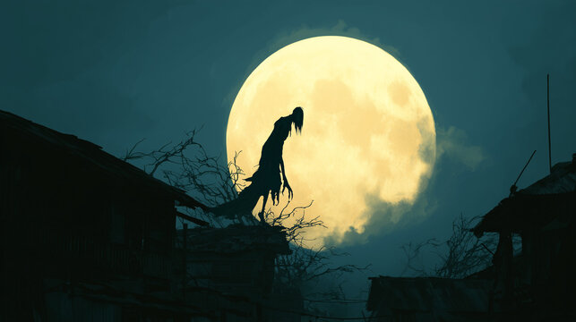 The Filipino Manananggal, a vampiric creature, silhouetted against a full moon over a rural village.