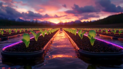 Futuristic hydroponic farm at sunset showcasing vibrant plants illuminated by neon lights along water rows