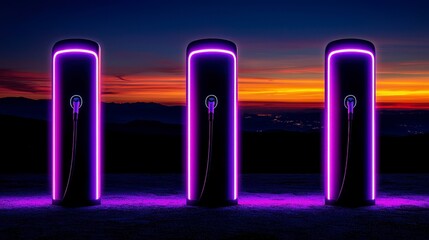 Three modern electric vehicle charging stations glowing in neon purple against a sunset backdrop, embodying technological advancement and sustainability