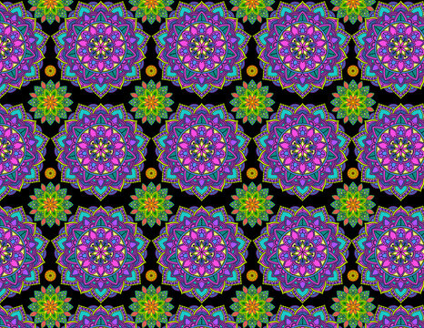 Colorful flower Mandala background pattern with green yellow, purple and black