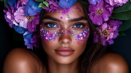 Obraz premium A stunning portrait of a young woman adorned with vibrant flowers and sparkling makeup, showcasing natural beauty and artistic expression.