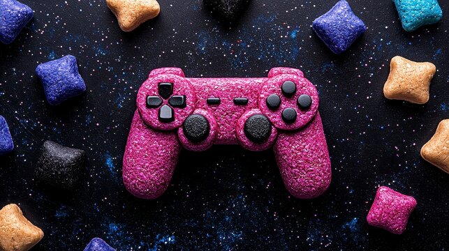 Vibrant pink gaming controller surrounded by colorful star-shaped snacks on a cosmic backdrop