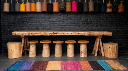 A rustic wooden table and stools set against a textured black wall adorned with colorful yarn spools showcasing artisanal craftsmanship