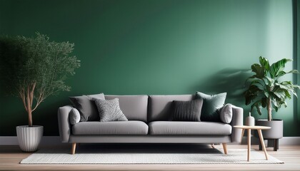 mock up of a home s interior showing the living room s gray furniture against a green wall