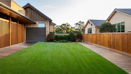 the front yard of a contemporary australian home or residential building showcases artificial grass lawn turf with timber edging