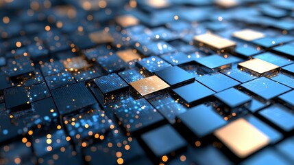 Fototapeta premium Computer chip with a blue background and gold squares. The squares are arranged in a grid pattern