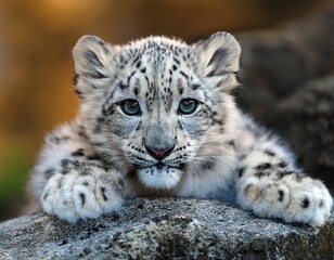 photo of a cute white snow leopard cub resting on a rock