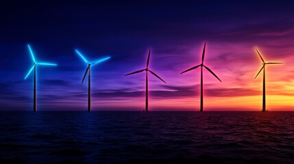 Vibrant wind turbines illuminated in striking colors against a dramatic sunset over tranquil ocean waters, symbolizing renewable energy
