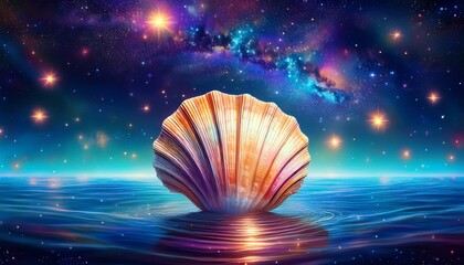 dreamy surreal seashell floating under starry night sky