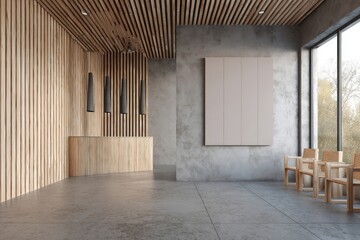 Fototapeta premium Modern, minimalist reception area with wooden accents