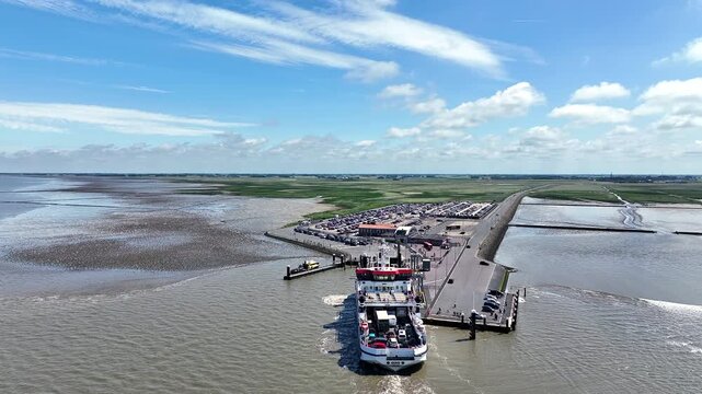 Aerial from the ferry from Ameland arriving at Holwerd in Friesland the Netherlands