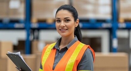 Confident Female Warehouse Supervisor Smiling Warmly Amidst Blurred Storage Racks.
