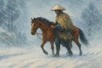 吹雪の中を行く旅人と馬