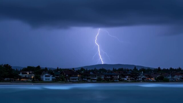 Dramatic lightning strikes over a coastal town at twilight