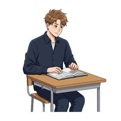 High School Male Student Sitting in Classroom &mdash; Character Illustration PNG & Background Scene