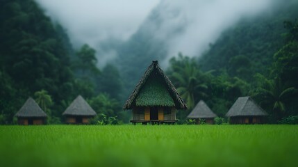 thatched huts in misty green valley, remote tribal village setting, peaceful mountain landscape, exotic rural architecture, foggy nature background