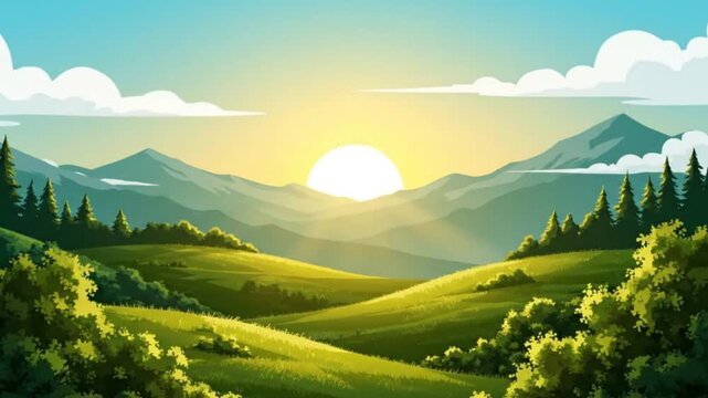 Animated Sunrise Over Rolling Hills: A Peaceful Cartoon Landscape.