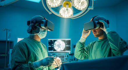Two surgeons in scrubs and VR headsets are in a brightly lit operating room, looking at screens displaying medical imagery.
