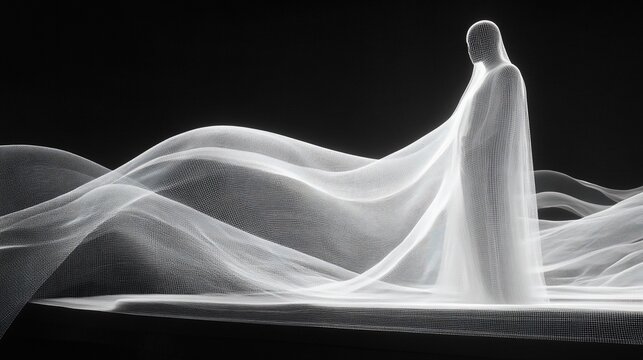 Silhouette of ethereal figure in flowing white fabric