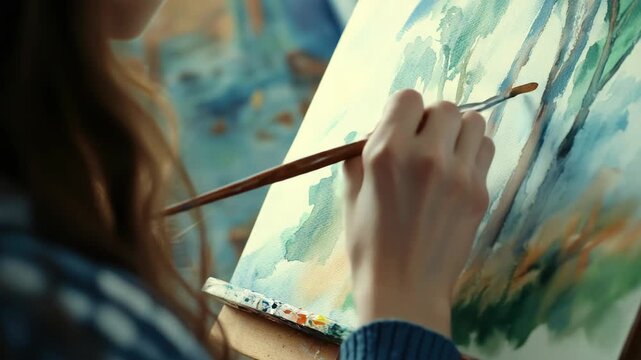 Artist's hands skillfully applying paint to canvas, creating a vibrant and detailed landscape scene.