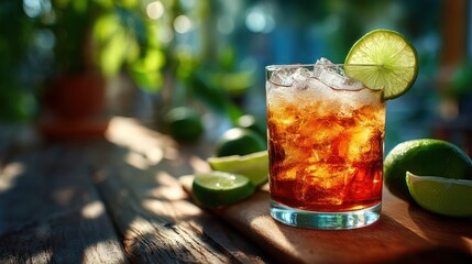 Refreshing Rum and Coke Cocktail Under Sunny Garden Setting