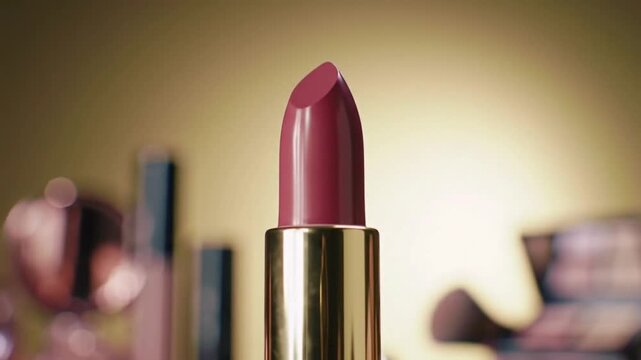Luxury rotating lipstick in soft spotlight, smooth continuous loop