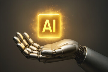 AI Symbol schwebt &uuml;ber Roboterhand - Konzept f&uuml;r k&uuml;nstliche Intelligenz