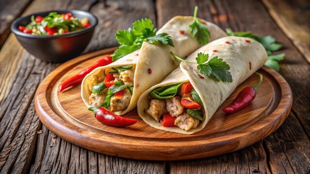 Chicken kati roll wrapped in soft flatbread, garnished with fresh cilantro and chili peppers, served on a wooden plate