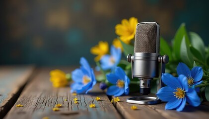 Microphone capsule suspended by thin wire against blue and yellow flowers on a rustic wooden table, flower arrangement, microphones, condenser mic