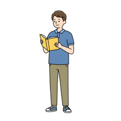 High School Male Student Reading Book in Library &mdash; Character Illustration PNG & Background Scene