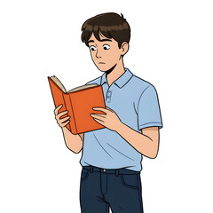 High School Male Student Reading Book in Library &mdash; Character Illustration PNG & Background Scene