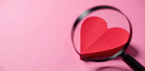 Close-up of red paper heart with magnifying glass on pink surface, decorative element, heart details, magnifying glass