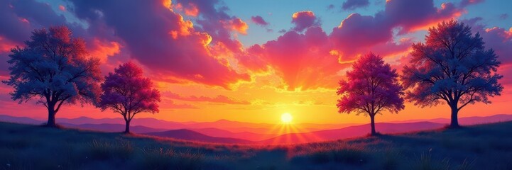 Naklejka premium Colorful aquarell painting of trees against sunset background, textures, gradient