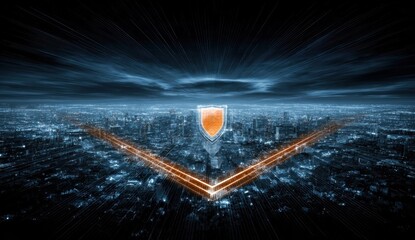 Cityscape with a protective shield. A nighttime city view with an orange shield hovering above