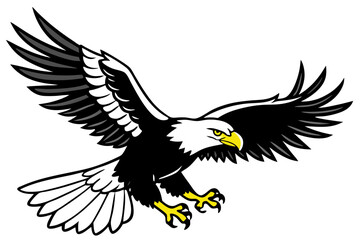 Obraz premium Vector silhouette illustration of a majestic American bald eagle in flight with wings spread wide, a powerful symbol of nature and freedom