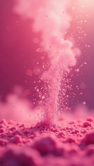 Glittering dust particles dance in mid-air amidst the soft pink haze , shimmering, sparkly