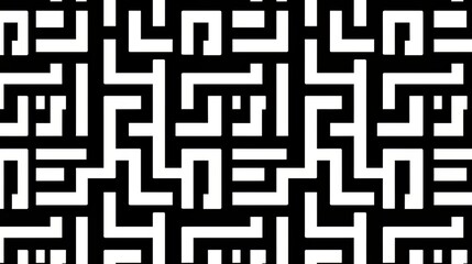 Maze pattern is shown in black and white. The pattern is made up of many small squares and rectangles. The maze is very intricate and complex, with many twists and turns. Scene is one of challenge