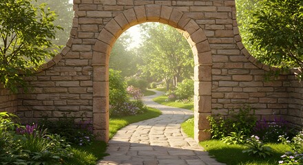 Step into a serene garden sanctuary through an ancient stone archway bathed in warm sunlight.
