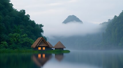 Fototapeta premium Wooden cottages on calm misty lake with green forest and mountain backdrop, peaceful eco travel retreat in remote tropical destination at sunrise