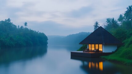 Fototapeta premium Lakeside wooden house with thatched roof surrounded by tropical forest, peaceful water reflections in soft morning light, serene travel and nature concept
